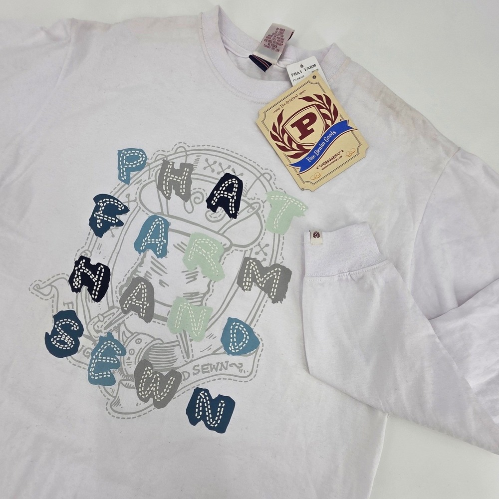 VINTAGE Y2K‎ PHAT FARM LONG SLEEVE SHIRT MENS MEDIUM WHITE GRAPHIC DEADSTOCK NEW